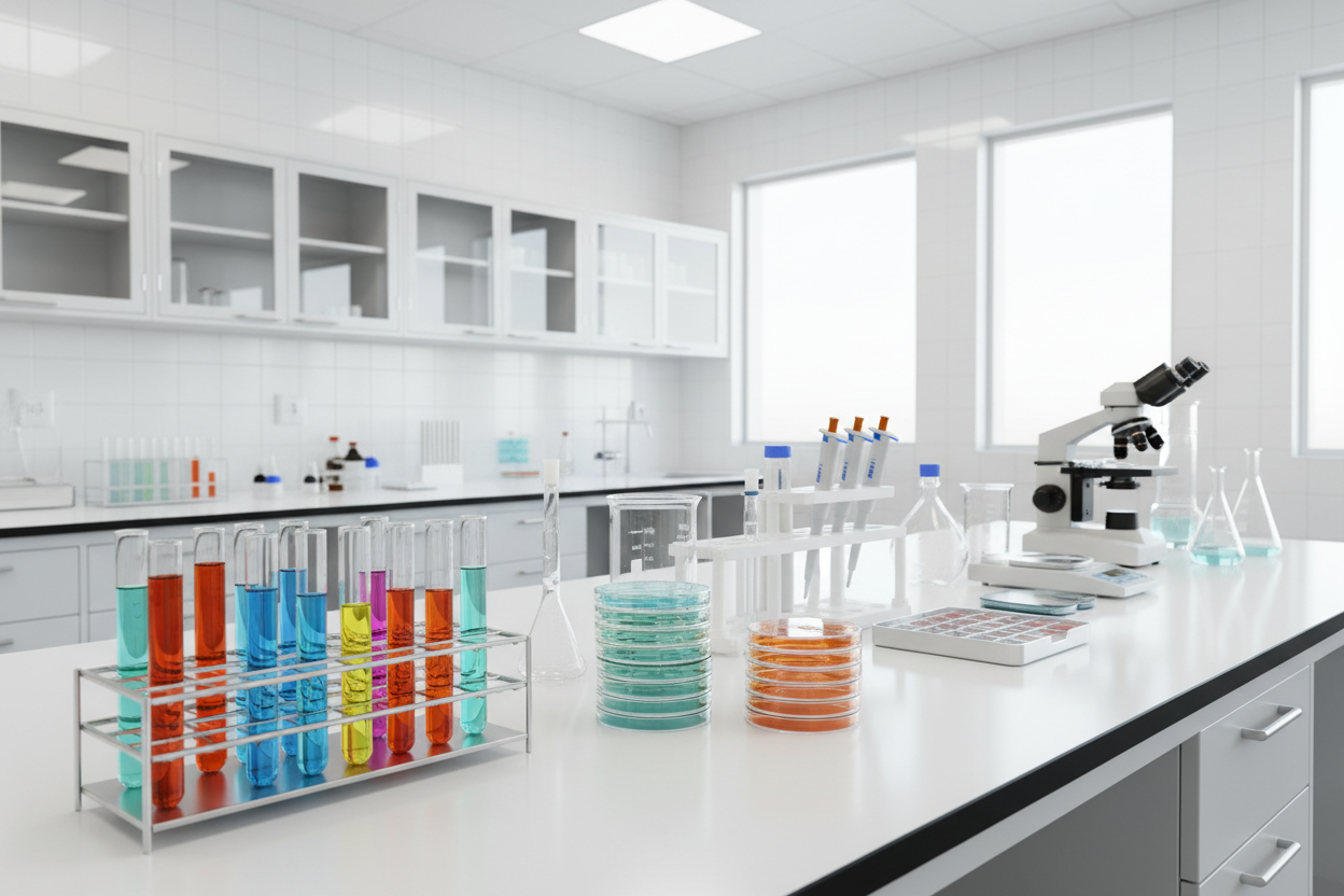 A line up of lab testing supplies in a sterile environment